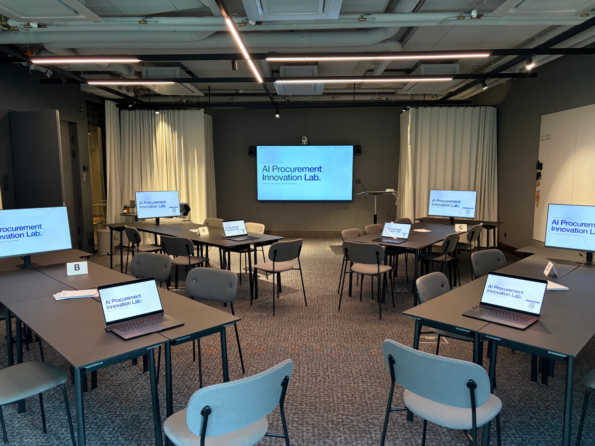Lab room set up with group tables and screens