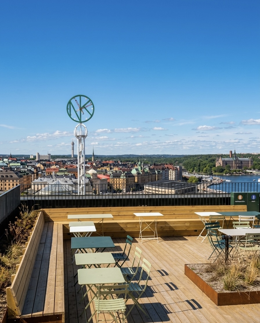 Rooftop terrace overlooking Stockholm skyline